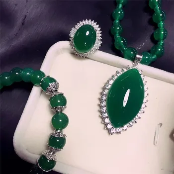 

Koraba Fine Jewelry 925 Silver Inlaid Natural Chalcedony Pendant Necklace Ring Bracelet Set Noble Gifts Free Shipping