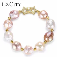 CZCITY натуральный многоцветный Бусины барочного жемчуга женские браслеты и браслеты стерлингового серебра 925 Пряжка со звездой Женские Подвески Браслет