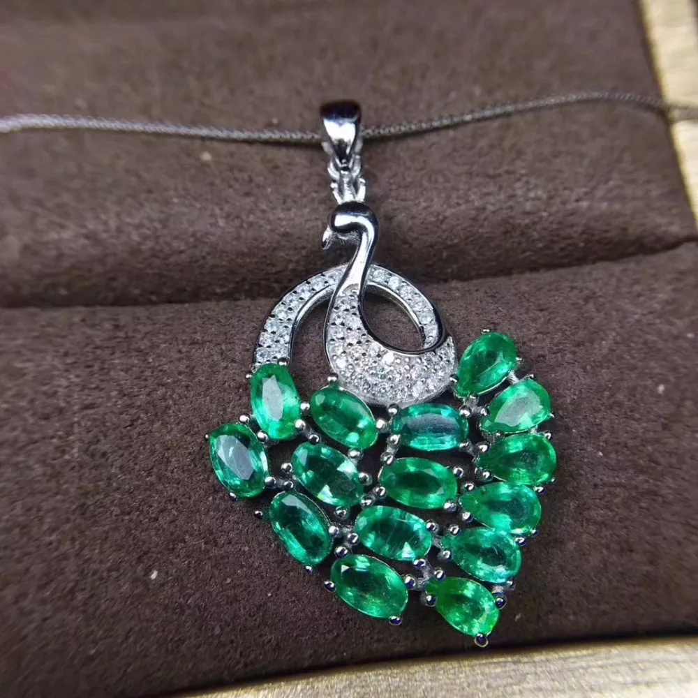 

natural green emerald gem Pendant natural gemstone pendant S925 silver Elegant cute Phoenix peacock Women girl party jewelry