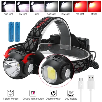 

BORUiT T6+COB LED Headlamp 7-Mode with Red Light Headlight USB Rechargeable Head Torch Camping Hunting Flashlight 18650 Battery