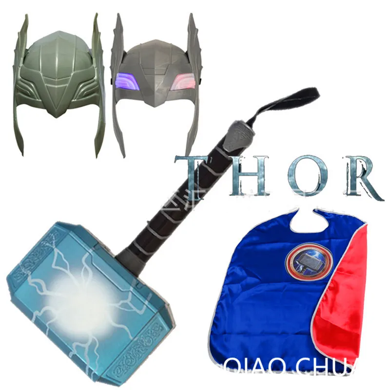 

3Pcs/Set Avengers Thor Hammer With LED Light Cosplay Mask Superhero Cloak Christmas Kids Gift Toy S174