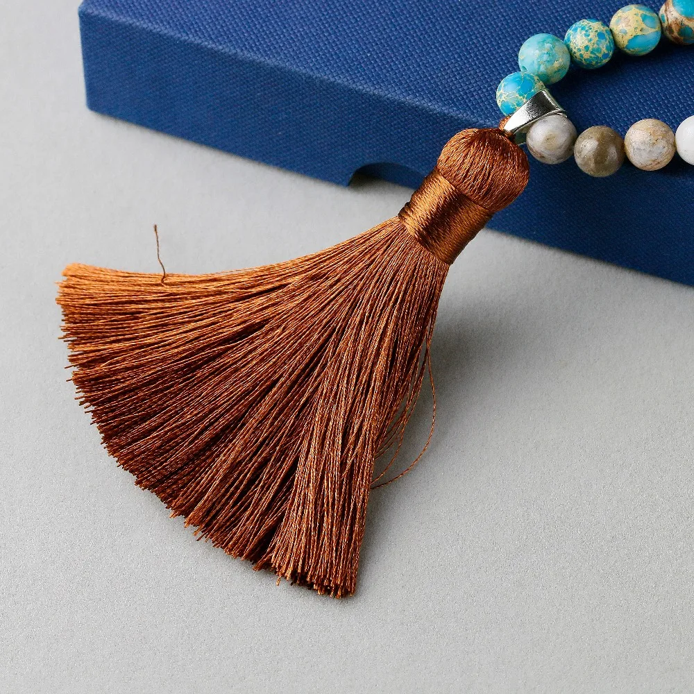 Natural Blue Imperial stone With Red creek Stone Bamboo Onyx Beaded Stone Tassel Charm Necklace Women Men 108 Mala Jewelry