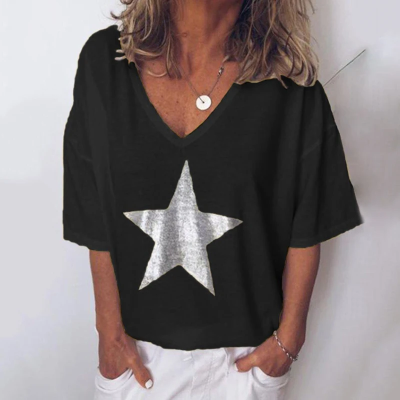 

2019 New Fashion T shirt Women Sequins V-Neck Five-pointed star Tops Tees Female Short Sleeve Street Ladies Plus size code S-5XL