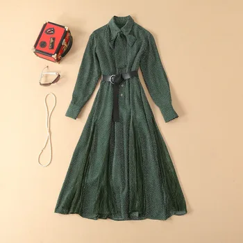 

European and American women's spring 2019 new style Lantern sleeve bow collar Wave point of printing Stitching bud silk dress