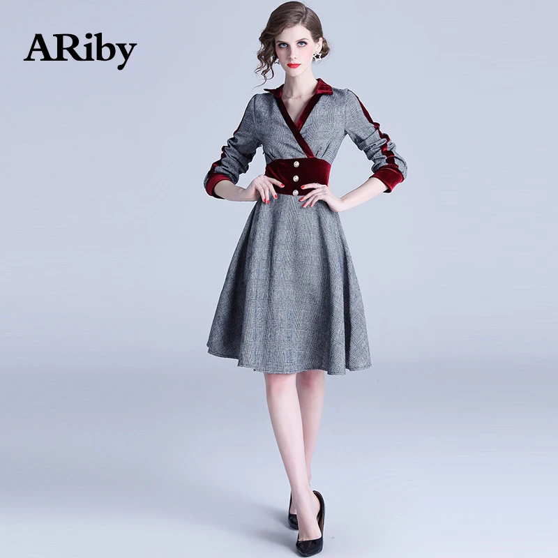 

Women Dress Elegant Dress 2019 Spring Summer New French Minority Vintage High End Velvet Plaid Spliced Long Sleeve Slim Dress