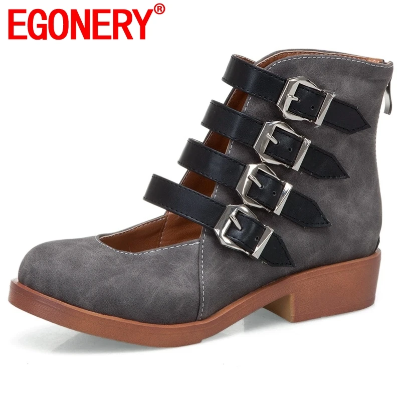 

EGONERY women new style summer boots ladies 4 buckle round toe shoes thick low heel woman casual sandals back zipper ladies boot