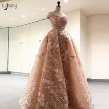 Милое кружевное платье цвета шампанского для выпускного вечера, розовое длинное платье с аппликацией и длинной юбкой, Скромные Вечерние платья Robe De Soiree Longue