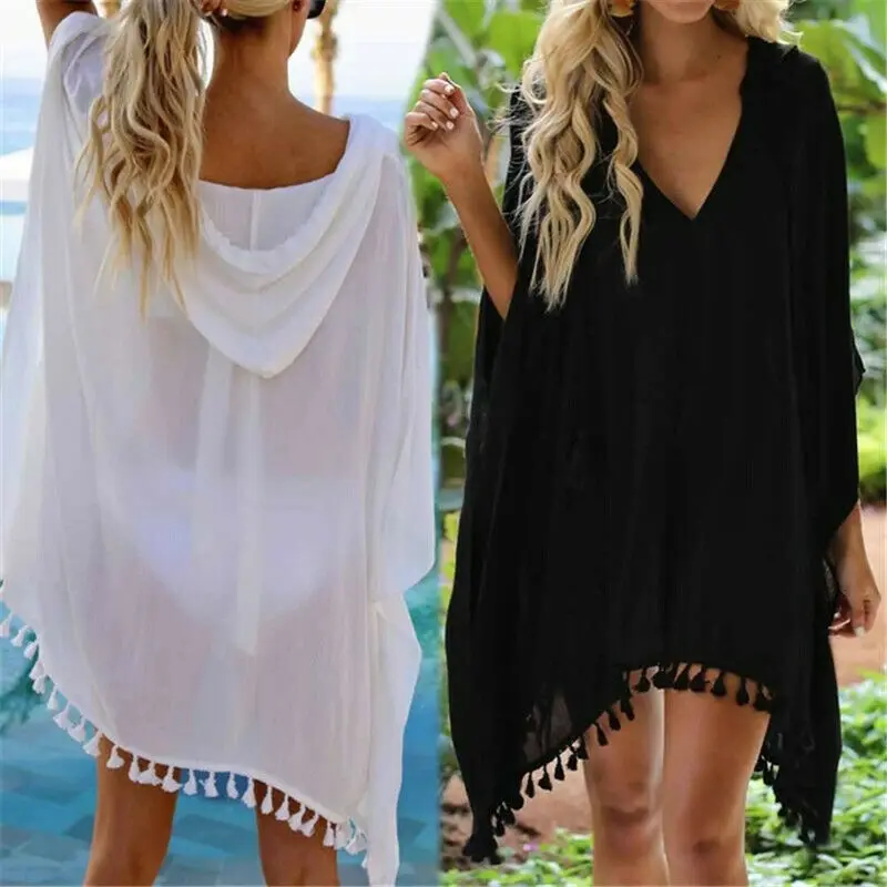 

Womens Bikini Cover Up Swimwear Beach Maxi Wrap Skirt Sarong Kimono Kaftan Summer Chiffon Tassel Dress Hooded Batwing Sleeve Top