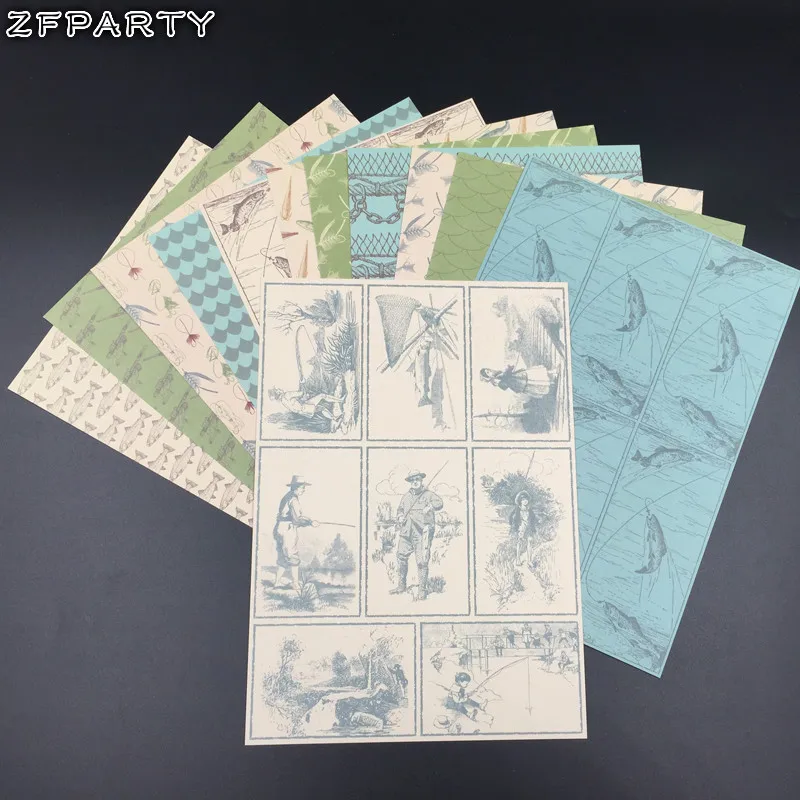 

ZFPARTY 12 sheets A5 Single-side Printed Gone Fishing pattern creative papercraft art paper handmade scrapbooking kit set books