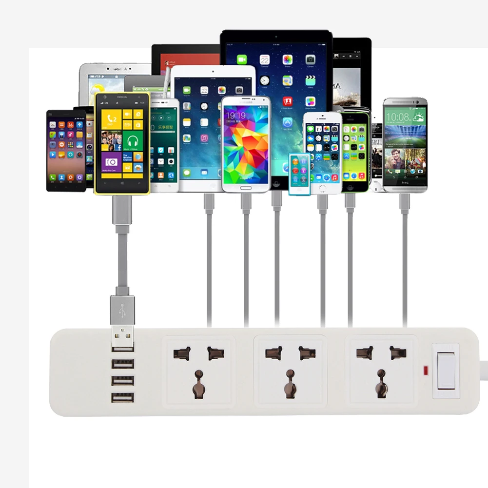 

EU/US/UK Plug Electrical Sockets 3-Outlet Power Strip Cord with 4 USB Charging Ports Home/Office Surge Protector Lightningproof