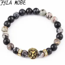 Fyla Mode New Arrival Diy Trendy Lion Head Charm Bracelets For Men Black CZ Northskull Men Bracelets Natural Stone Jewelry Gift