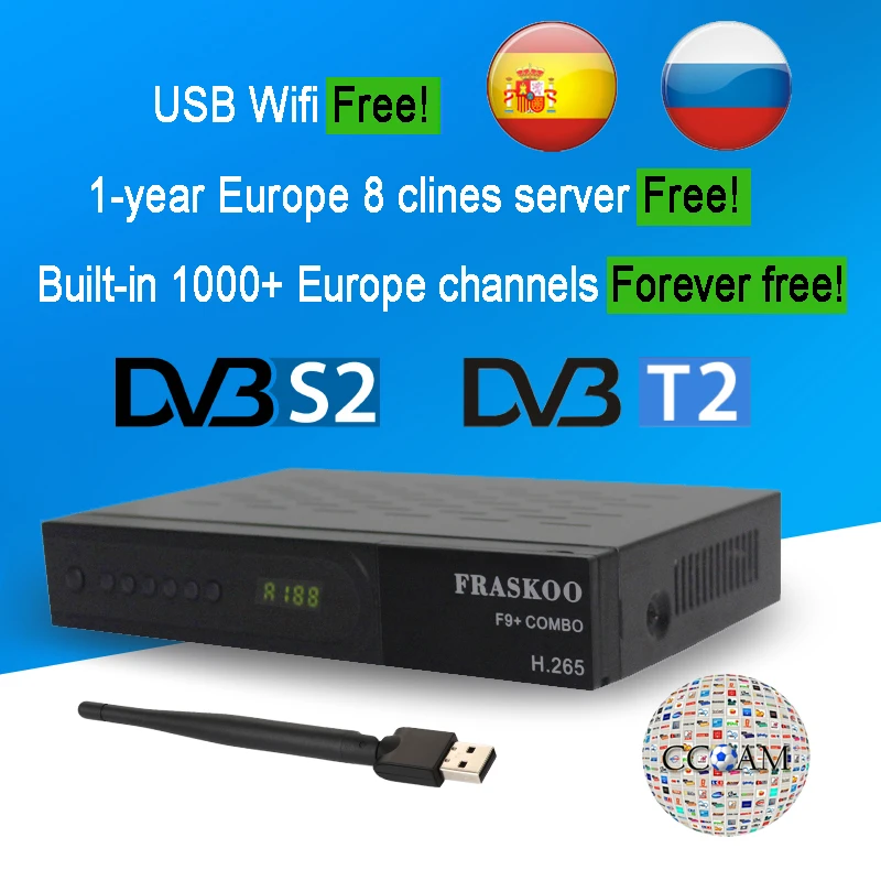 

Fraskoo F9 Plus DVB S2 T2 Combo Satellite Receiver Full HD 1080P H.265 Terrestrial TV Digital Set-top Box Support EPG Youtube