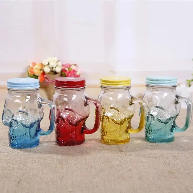 

500ml colored skull straw mug with lid handle Mason bottle juice drink straw cup gradient creative mug cold drink cup glass jar