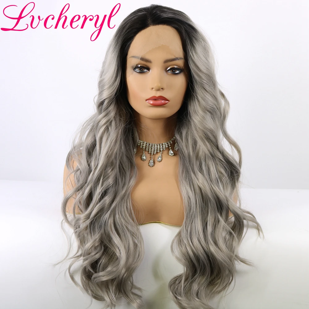 Lvcheryl Ombre Grey Hair Wigs Natural Wave Long Synthetic Lace Front Wigs High Temperature Fiber Hair Wigs for Women