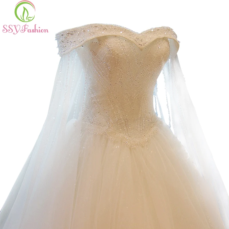 

Luxury High-grade SSYFashion Crystal Beading Lace Wedding Dress Custom Bride Princess Embroidery Boat Neck A-line Wedding Gown
