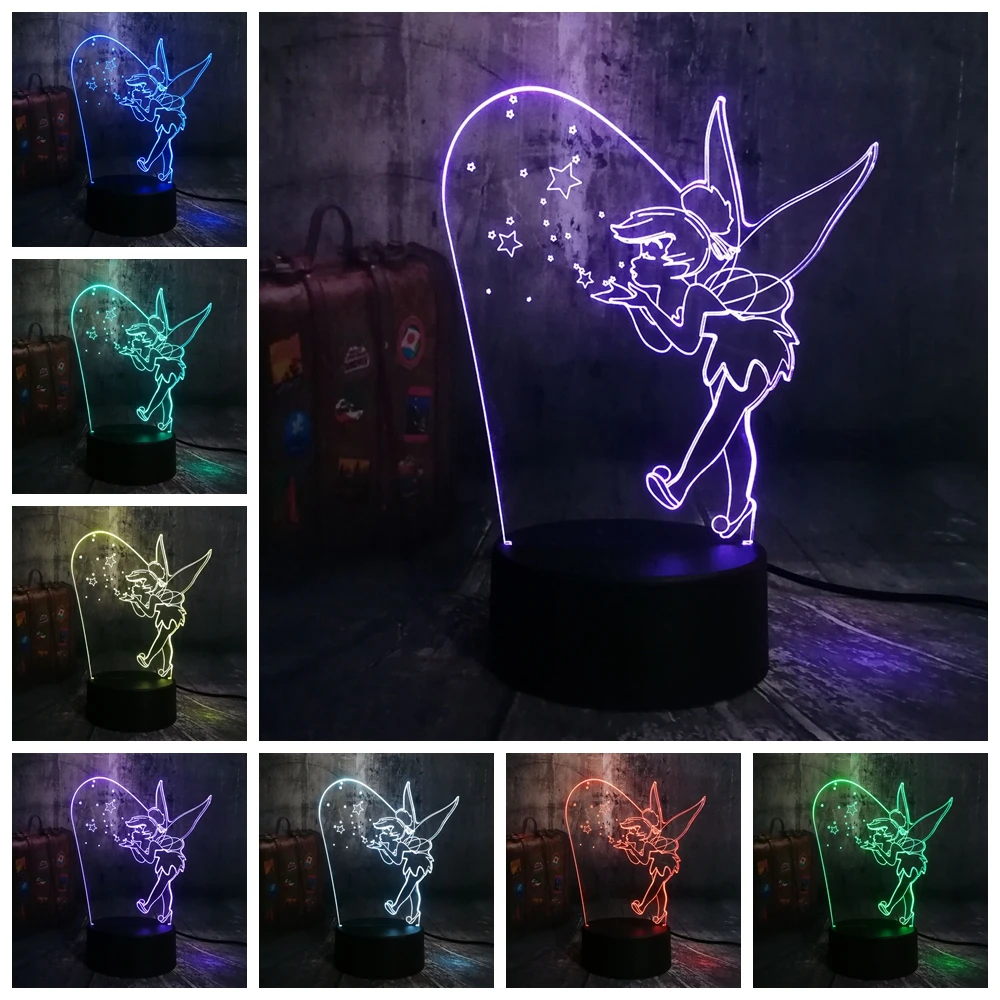 Новый мультяшный милый ночник Elf Tinker Bell Miss 7 цветов светодиодный 3D милая