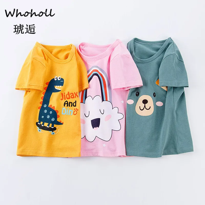 

Whoholl 2019 Summer Girls Boys Short Sleeve T Shirts Cartoon Print T-shirt Striped Tee Shirt Cotton Girls Tops for Kids Clothing
