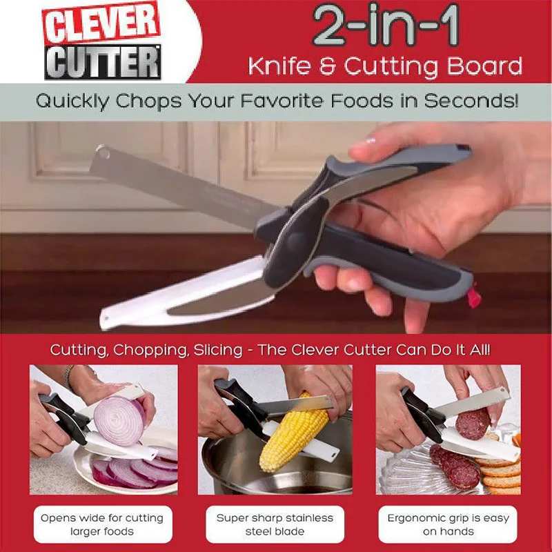 Clever Cutter 2 in 1 Stainless Steel Kitchen Scissors with Sharp Knife Blade & Cutting Board Kid Food Cutter #86536