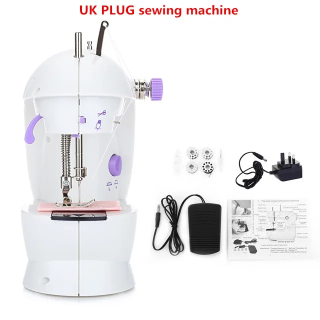 Мини-электрическая ручная швейная машина с двойной регулировкой скорости, светильник с AC100-240V для ног, швейная машина с двойными нитями - Цвет: UK plug