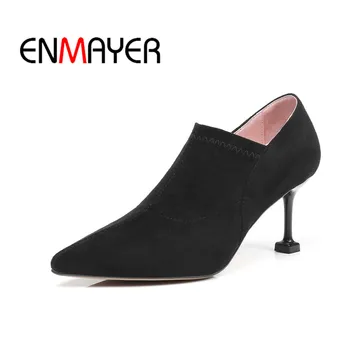 

ENMAYER Women Ankle boots Fashion Short boots Size 34-39 Causal Pointed Toe Thin heels Flock Women Shoes Black Slip on CR1345