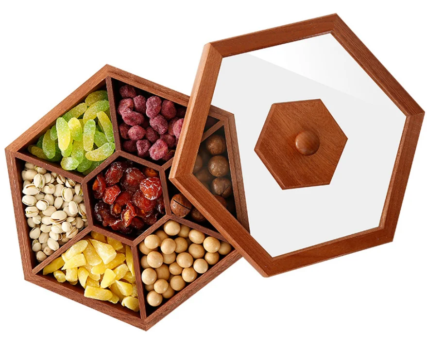 

Creative Wooden Separete Covered Candy Dried Fruit Box storage organizer Multi-Function Melon plate Household Tableware LFB489