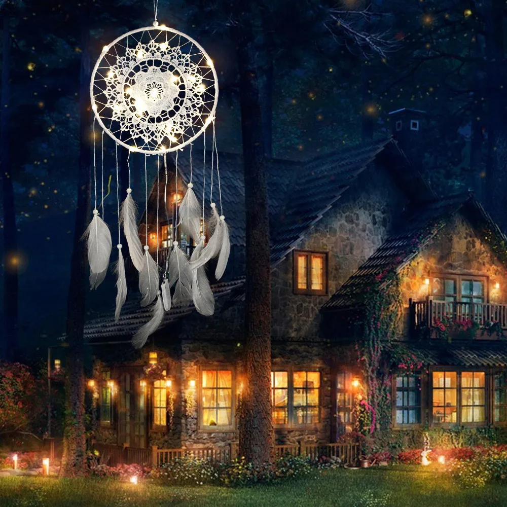 

White Feather Dream Catcher Handmade Flower Lace Dreamcatcher Wind Chimes LED Night Light Wall Hanging Room Home Decoration