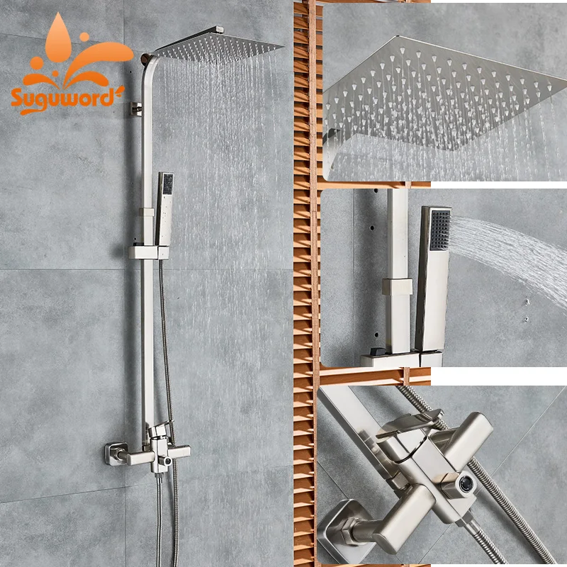 

Suguword Brushed nickel Shower Combo Set hot cold mixer shower faucets 8 inch shower head wall mount bath shower sets