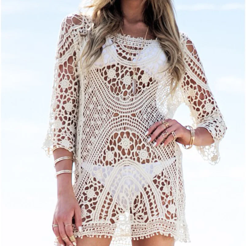 

Beach Cover-ups Women Sexy Lace Hollow Crochet Swimwear Bikini Bathing Suit Cover-up Beach Tunic Women Tops