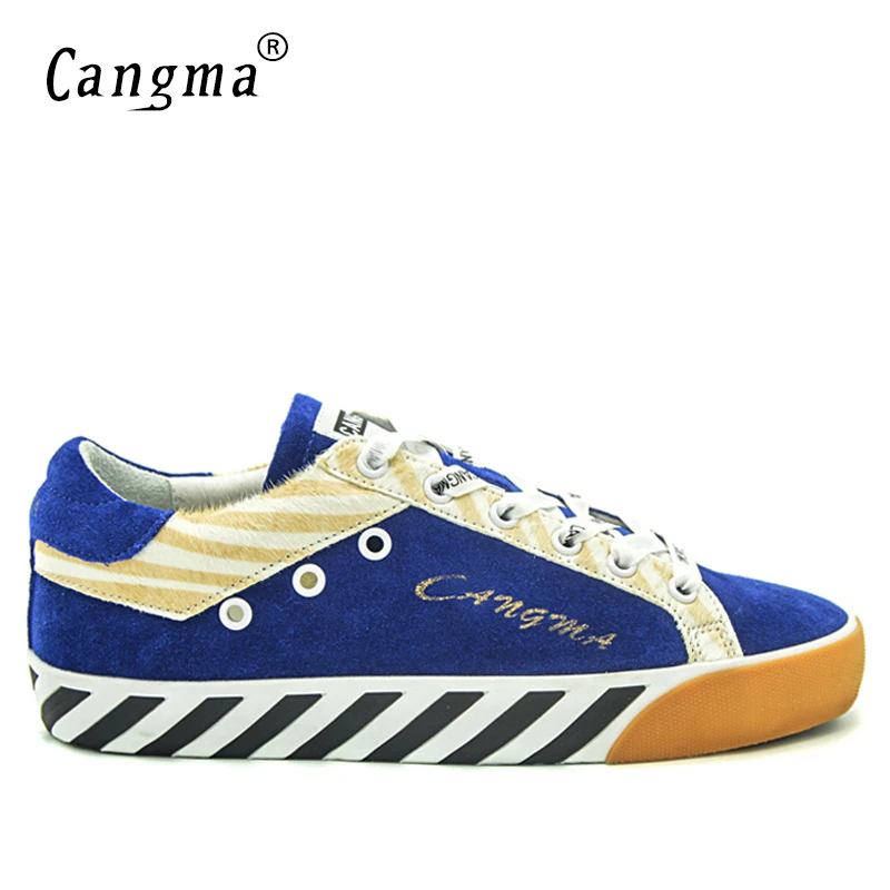 

CANGMA Luxury Brand Designer Sneakers Women Flats Horsehair Blue Suede Leather Shoes Ladies Girls School Shoes Zebra