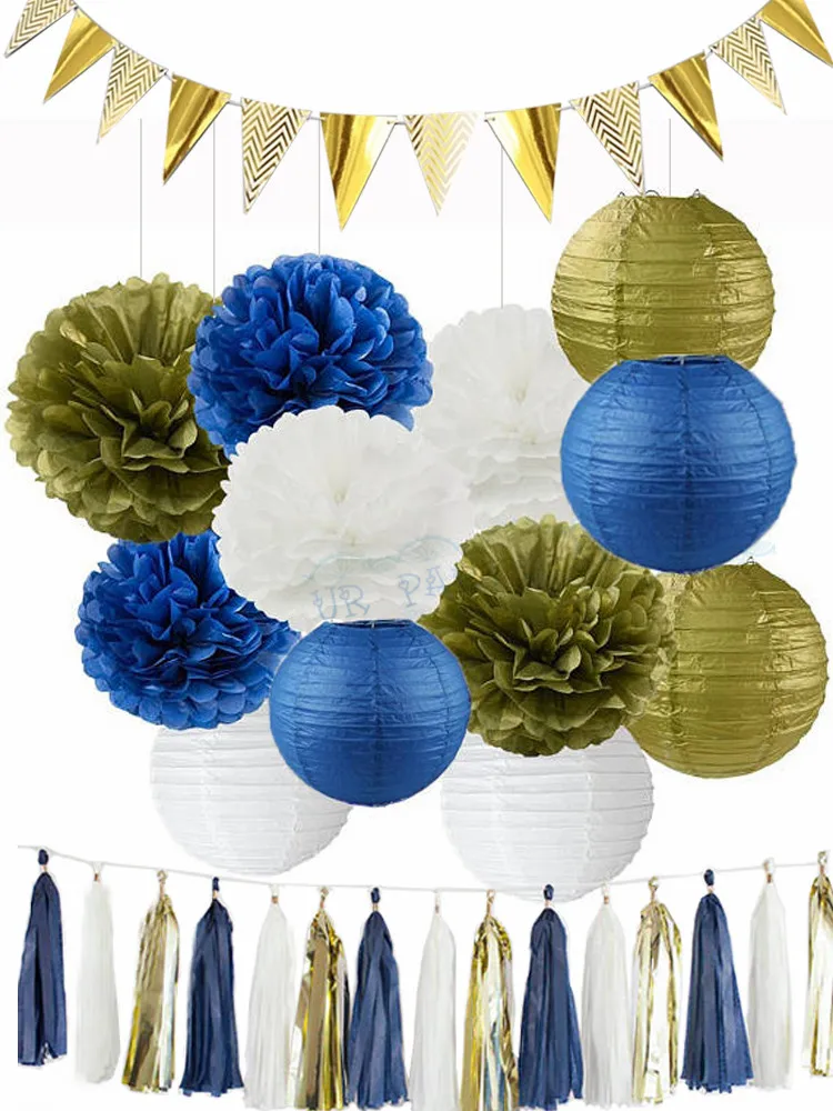 2019 Navy Blue Gold White Tissue Paper Pom Pom Paper Lanterns