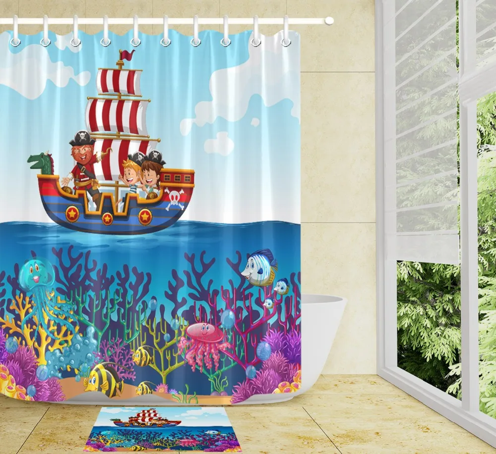 Cute Octopus Waterproof Fabric Shower Curtain Liner Doormat Rug Bathroom Decor 
