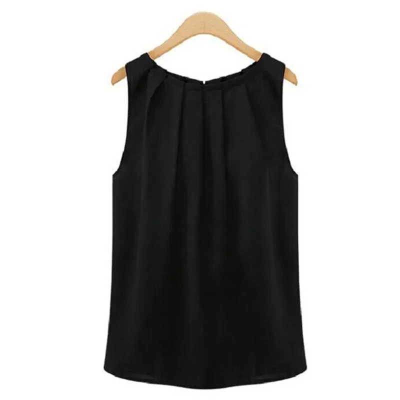 

Womens Sleeveless Tops Chiffon Solid Pleated Office Blouse Size S-XL