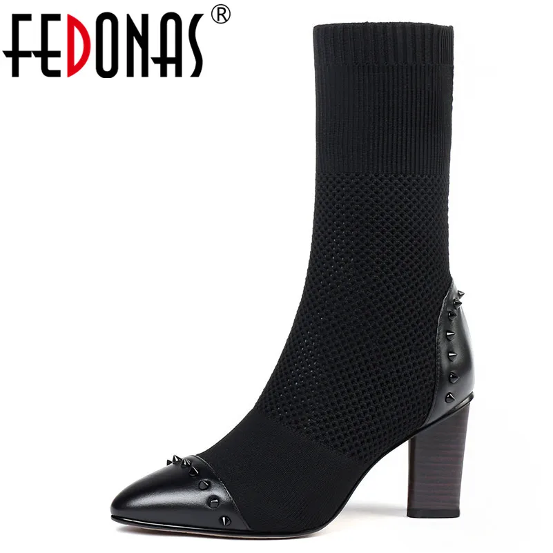 

FEDONAS1Fashion Women Mid-Calf Boots Pointed Toe Autumn Winter Warm High Heels Shoes Woman Elegant Slip-on Quality Stretch Boots
