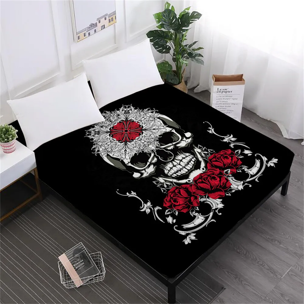 

Ladies Sweet Bed Sheet Bohemia Sugar Skull Fitted Sheet Flowers Plant Print Sheets White Black Mattress Cover Elastic Band D45