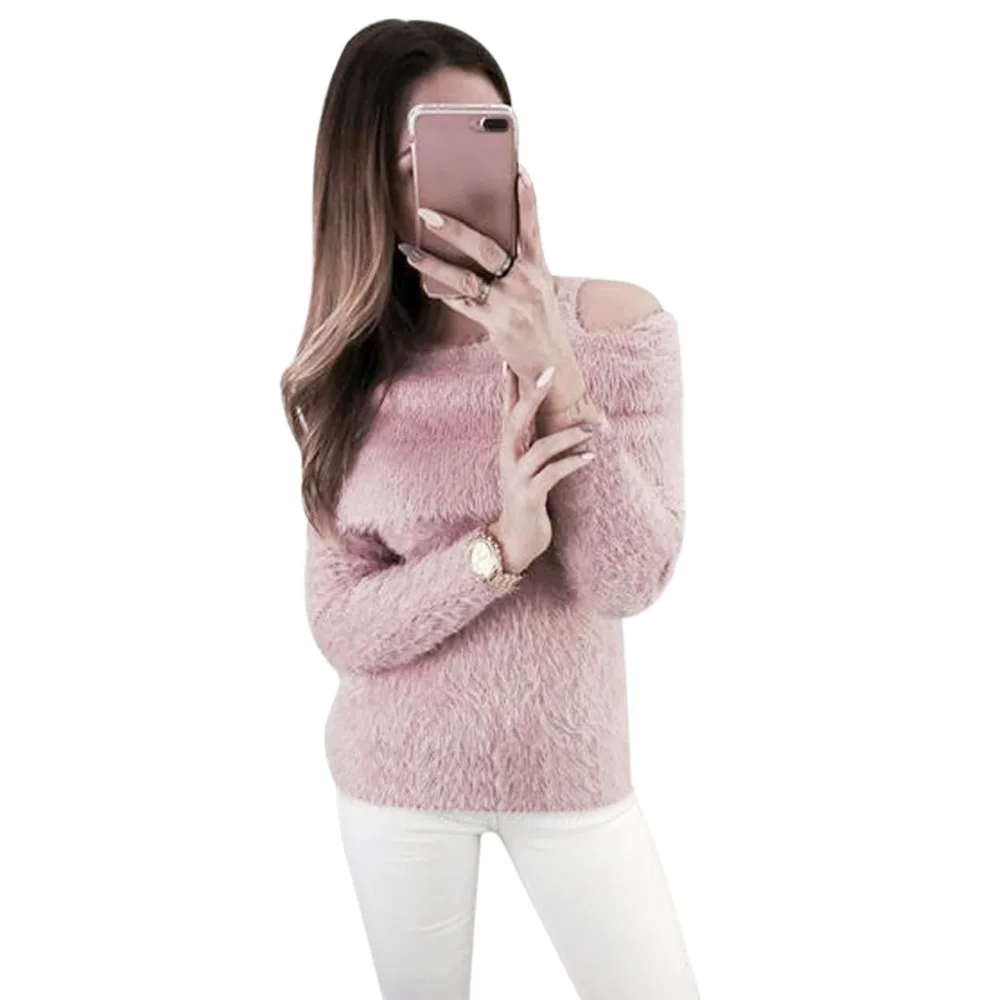 2018 Для женщин пикантные однотонные Цвет с длинным рукавом с плеча поддельные Двойка трикотажный пуловер дамы Повседневное эластичный