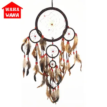 

Five Rings Dream Catcher Handmade Feathers Indian Brown Wind Chime Home Crafts Wall Decoration Car Hanging As Gift
