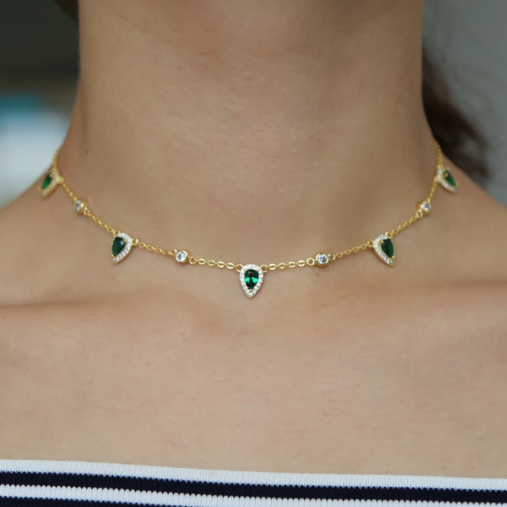 Gold color fashion women lady jewelry green cubic zirconia tear drop cz charm choker collar necklace