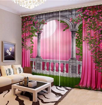 

European Roman Curtain Fashion Bedroom Curtains Printing Drapes Romantic moon rose 3D Hooks Curtains red