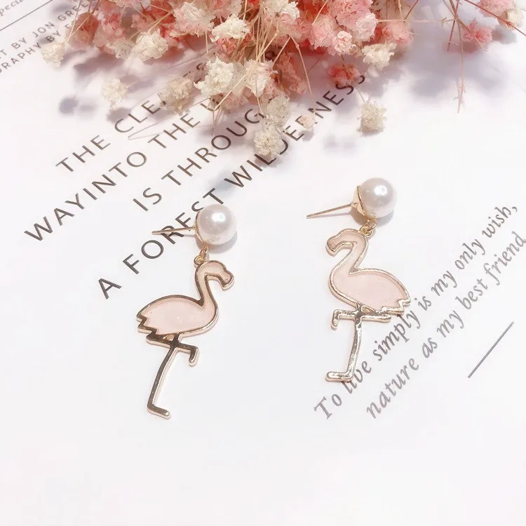 pink crane bird pearl earring Hypoallergenic fadeless fashion jewelry stud earrings women girl gift