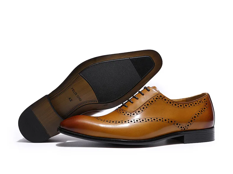 Классические мужские туфли-оксфорды с перфорацией типа «броги» FELIX CHU; модельные туфли из натуральной кожи коричневого и желтого цвета; Мужская официальная обувь для свадебной вечеринки