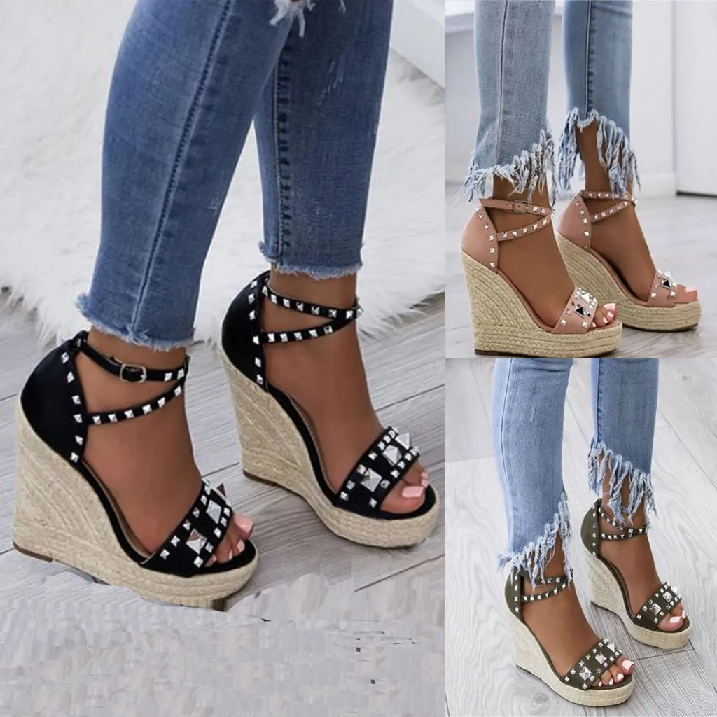 

Fashion Women's sandals Retro Open Toe Buckle Strap sandals women Rivets wedges shoes for women Thick Bottom Roman shoes woman