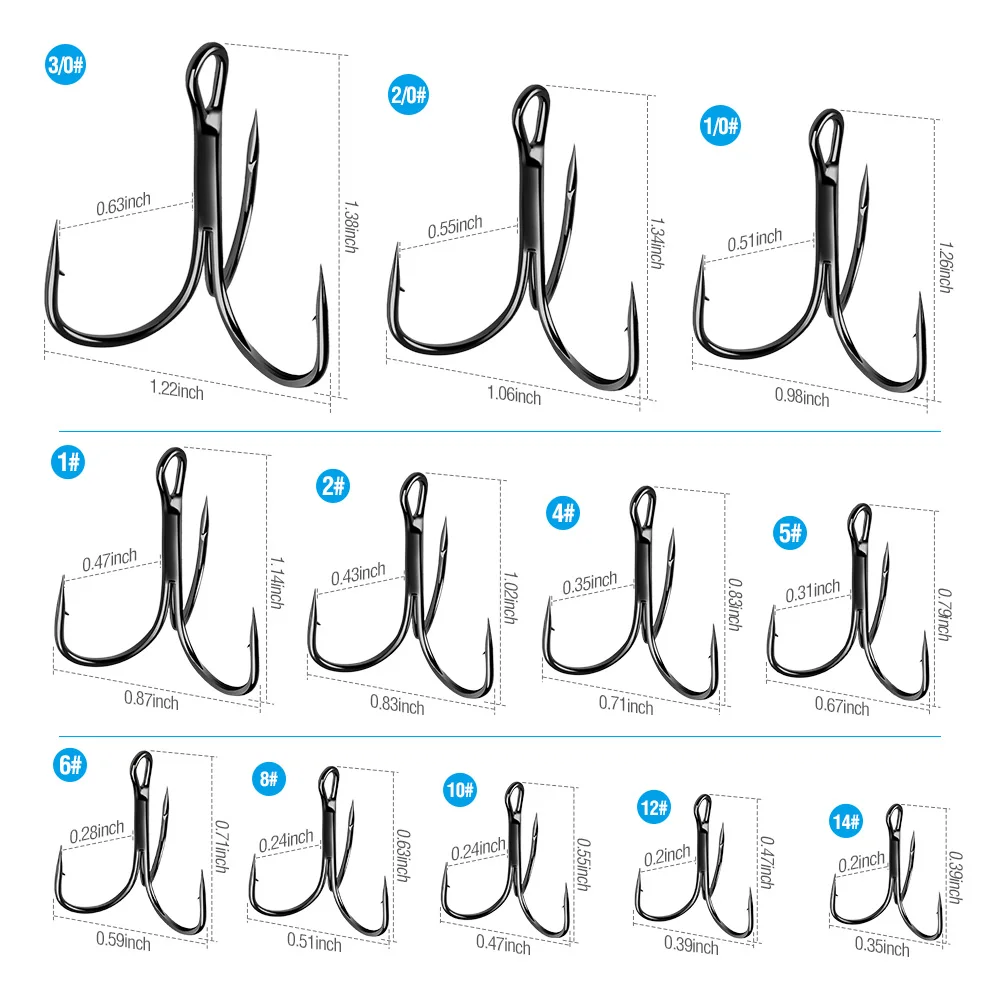 DONQL 10/20pcs/lot High Carbon Steel Fishing Treble Hooks 0#-14# Barbed Black Nickel Triple Fishhooks Lure Fishing Tackle Tools