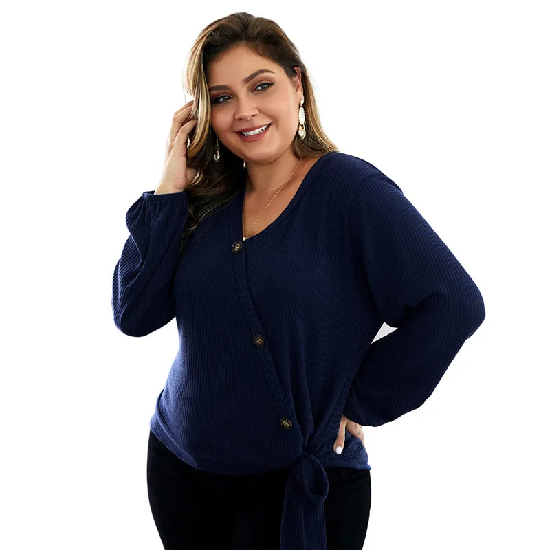 

NORMOV Large size woman clothing Sweater 2019 Autumn Winter warm V-neck sweaters 4XL sweater Oblique button big size