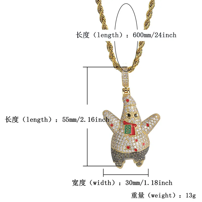 Ледяной кубический циркон Губка Боб Патрик кулон ожерелье для мужчин с веревкой цепи хип хоп/Панк Золотая цветная прелесть цепи ювелирные изделия