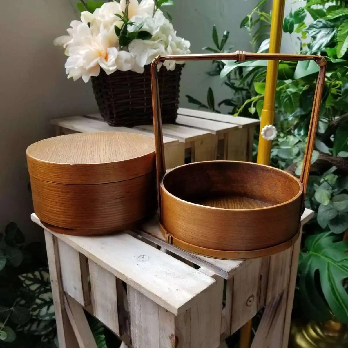 Японский стиль лак двухслойные переносная коробка для ланча деревянный вынос контейнер для закусок луна торт круглая упаковка еда корзина