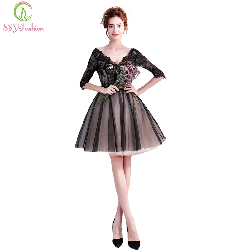 SSYFashion/Новое маленькое черное платье с v образным вырезом и коротким рукавом а