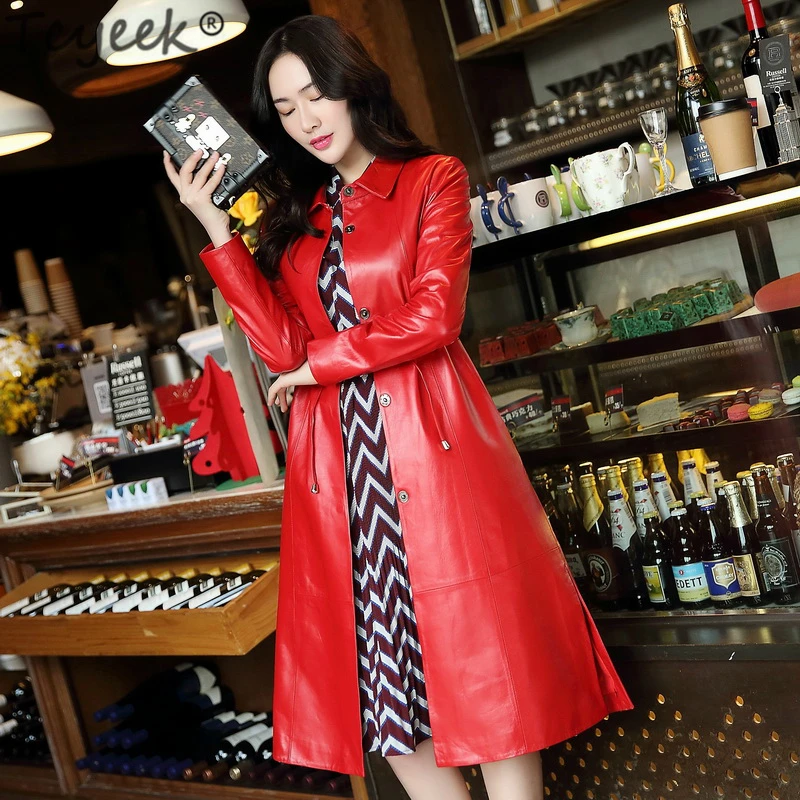 

Tcyeek 100% Real Sheepskin Overcoat Genuine Leather Jacket Women Spring Long Slim Plus Size Natural Leather Trench Coat LWL1437