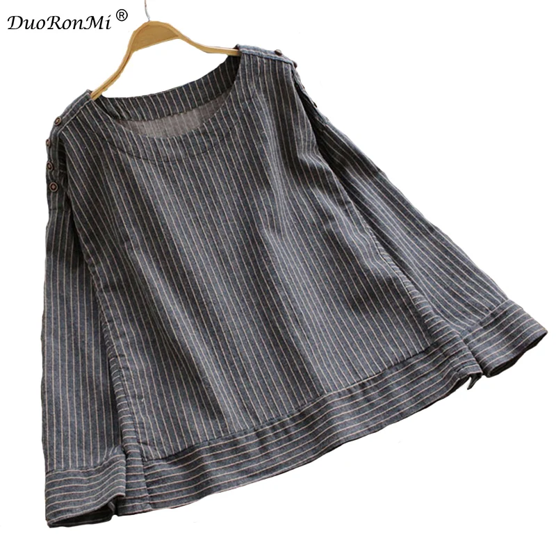 Women Shirts Vintage Spring Fashion Cotton Linen Tops Plus Size O Neck Hooded Stripe Loose Blouse Long Sleeve Ladies Shirt |