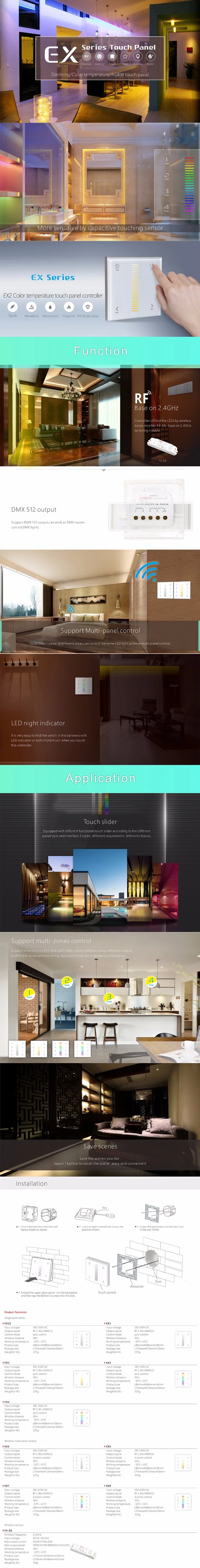 Светодиодный цветной; регулятор температуры EX2 220V Сенсорная панель настенное крепление AC100~ 240V 2,4G RF и DMX512 двойной контроллер CT