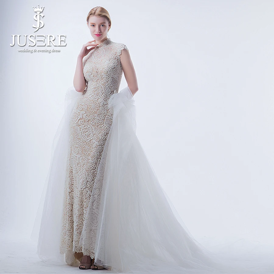 

JUSERE High Neck Slim Sheath Volume Train Back Sleeveless Extra Skirt Beading/crystal Overlay Mermaid 2 in 1 Wedding Dress 2018